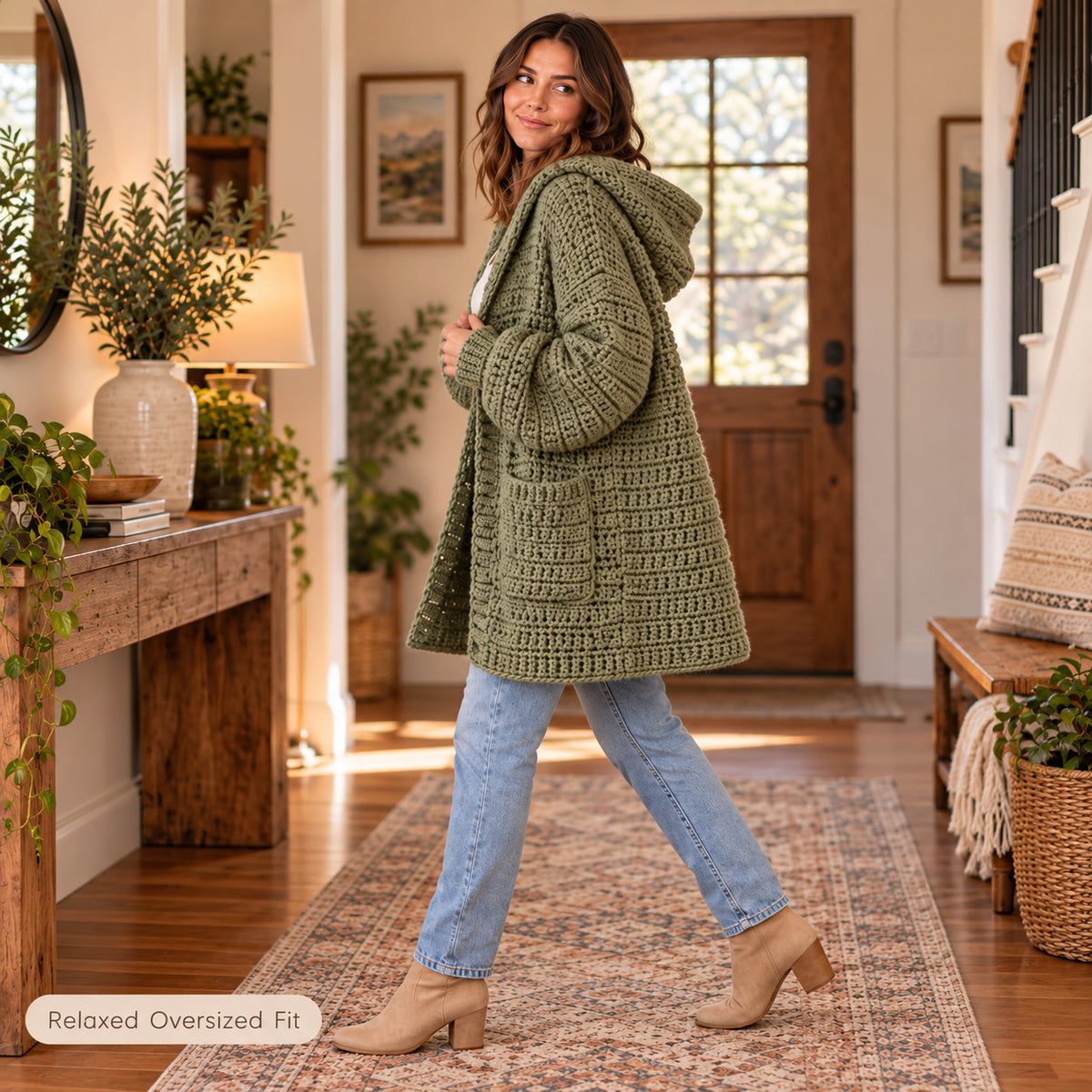 Chunky Hooded Cardigan Crochet Pattern PDF – Oversized Women’s Pocket Sweater