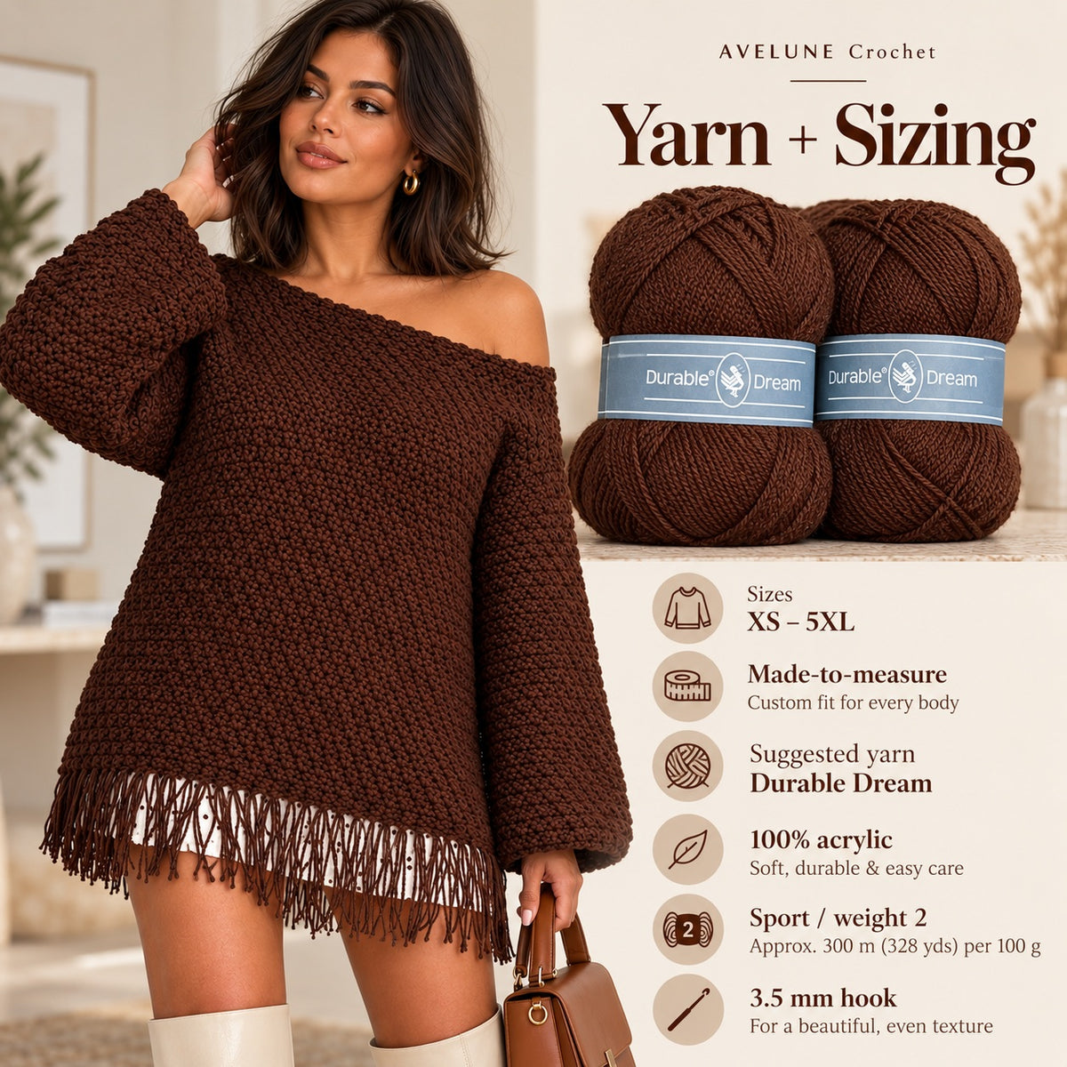 Coco Fringe Crochet Sweater Pattern PDF | Oversized Off-Shoulder Sweater XS–5XL