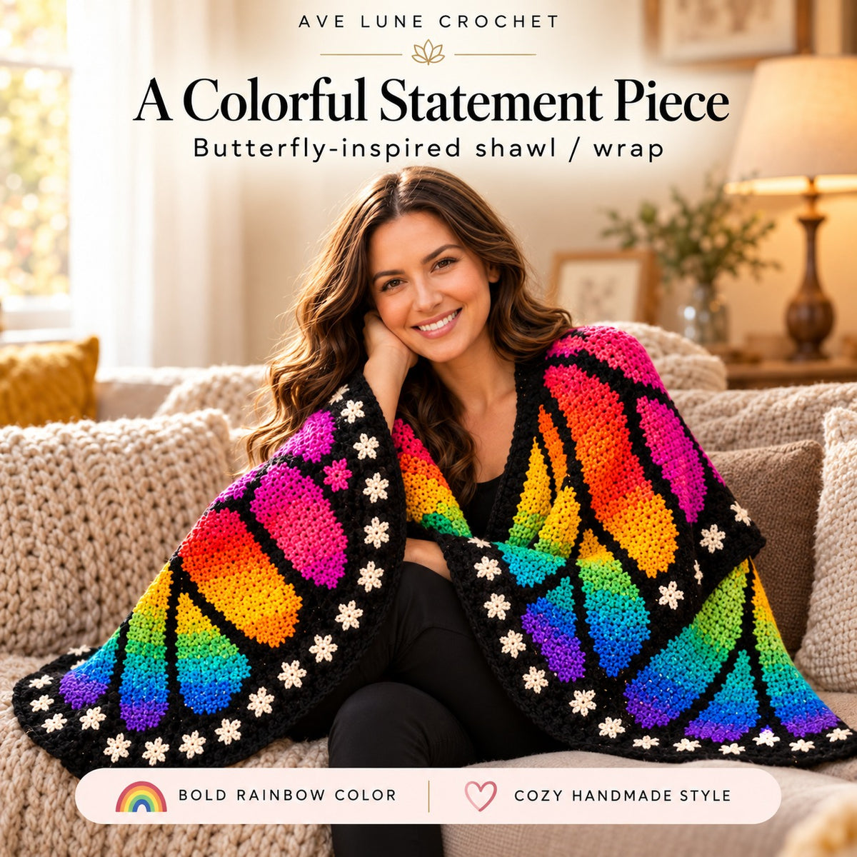 Rainbow Butterfly Wing Shawl Crochet Pattern PDF | Colorful Crochet Wrap