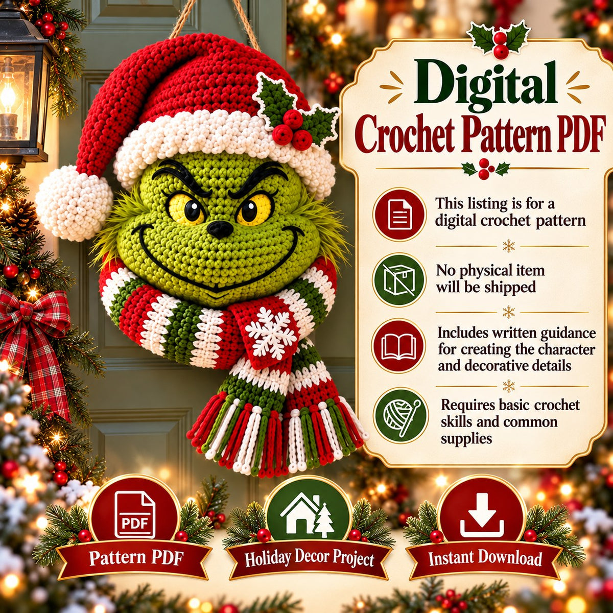Green Christmas Character Door Hanger Crochet Pattern PDF | Festive Holiday Wall Decor | Christmas Crochet Pattern
