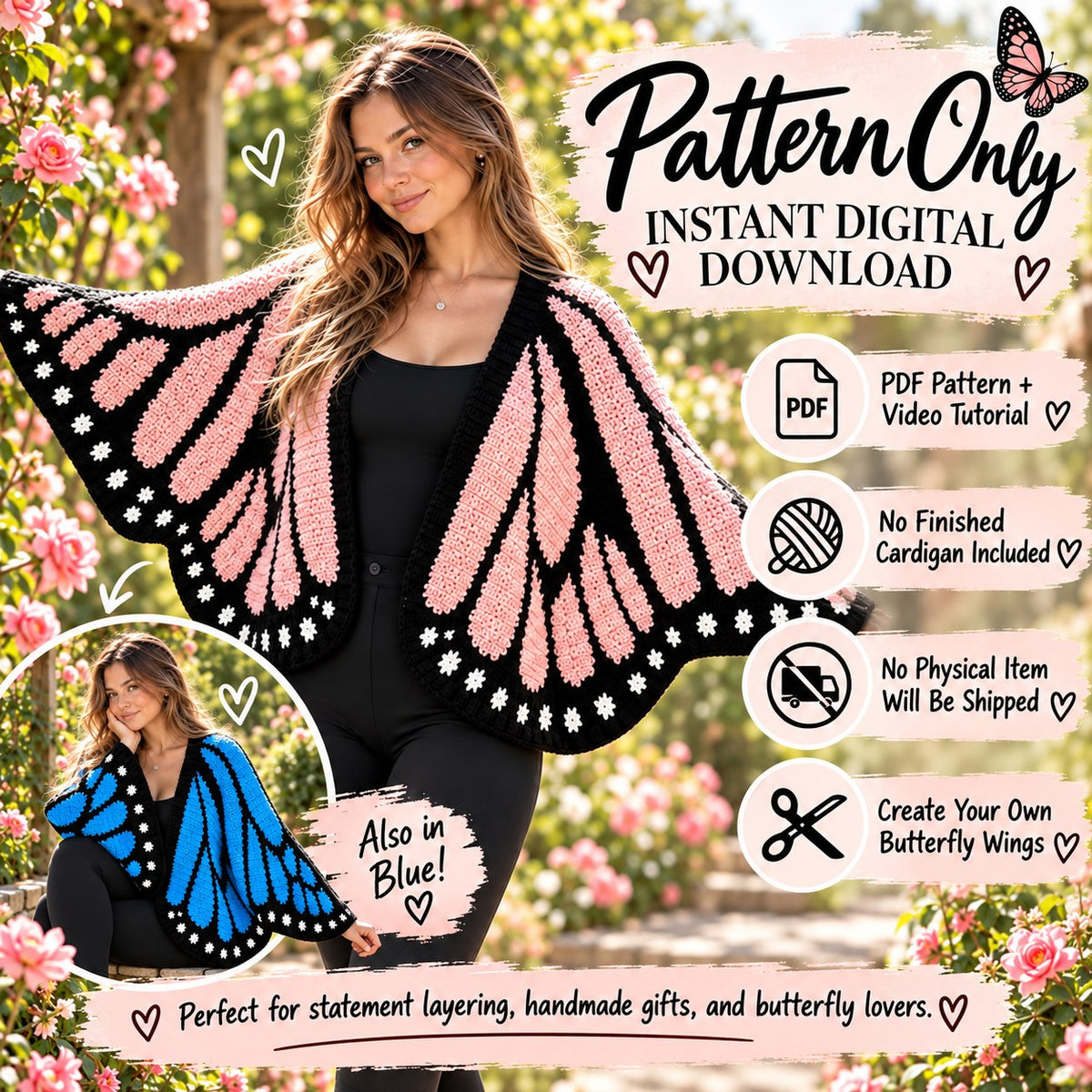 Monarch Butterfly Crochet Cardigan Pattern + Video Tutorial | Butterfly Wing Cardigan PDF | Tapestry Crochet Pattern