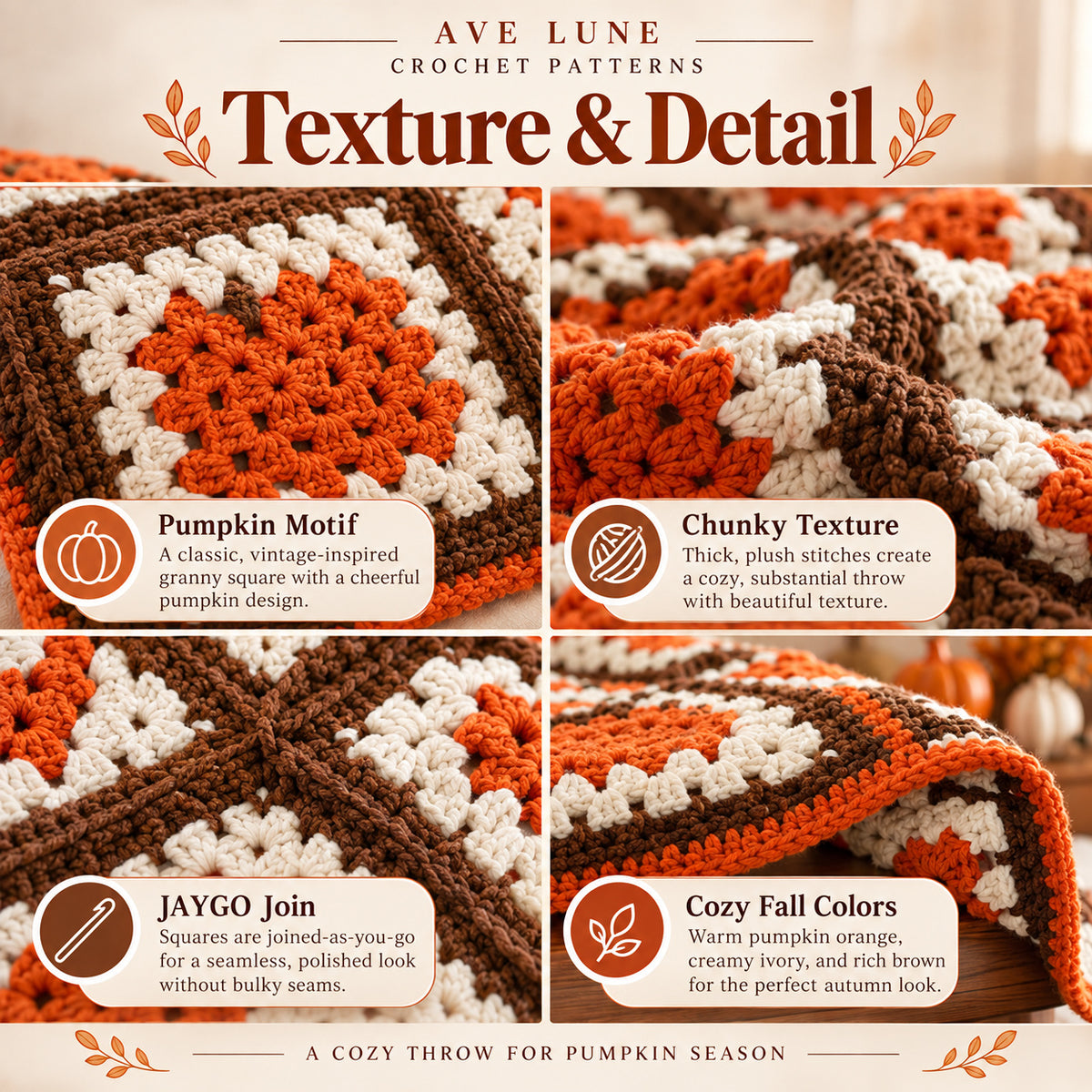 Pumpkin Season Throw Crochet Pattern PDF – Chunky Granny Square Pumpkin Blanket, Fall Home Decor