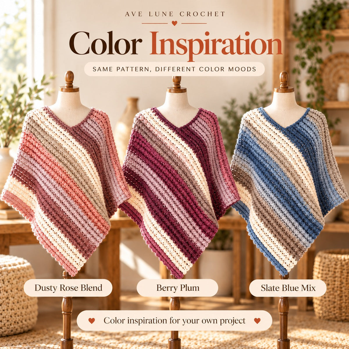 Crochet Sunset Poncho Pattern PDF + Video Tutorial – Boho Striped Wrap