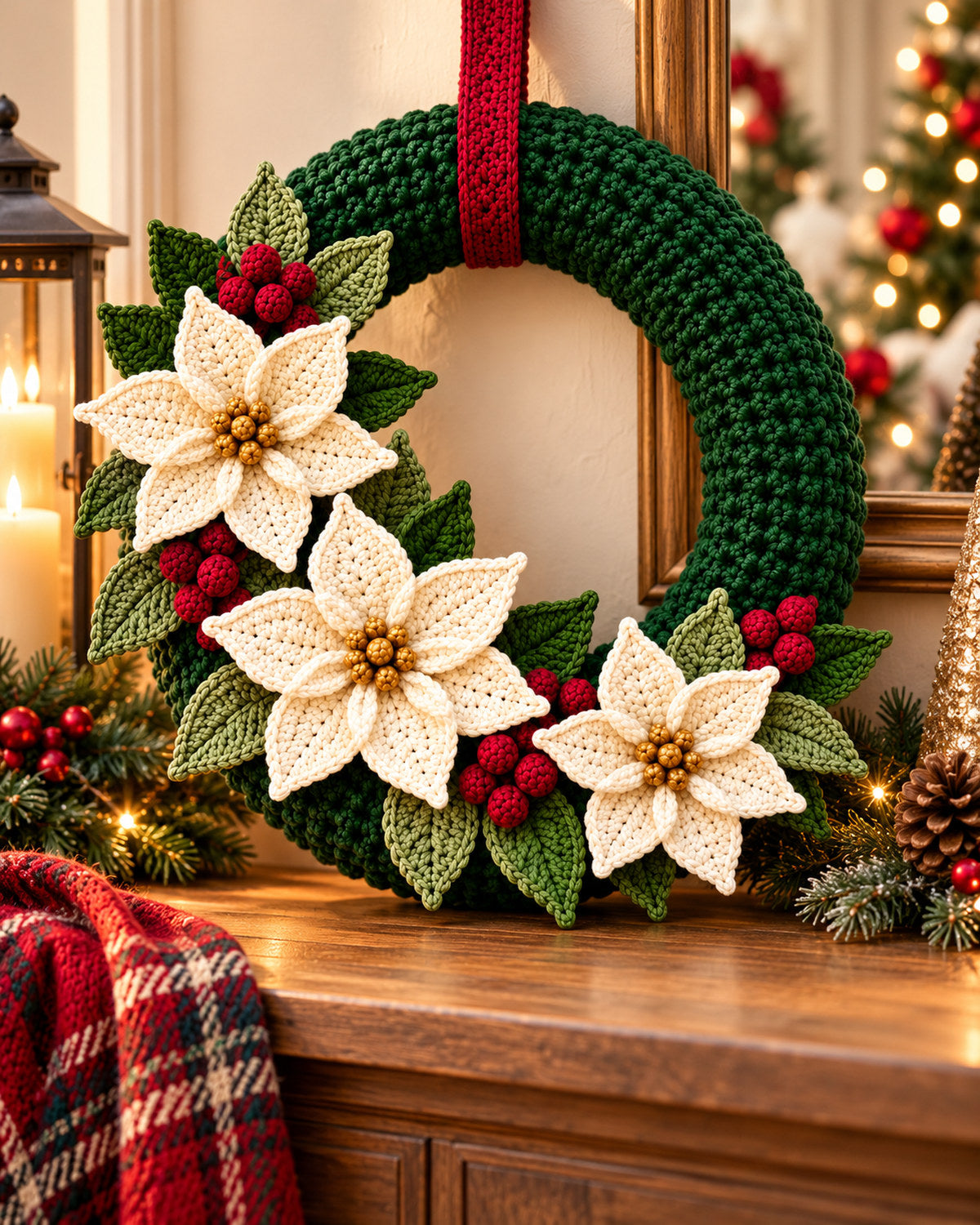 Crochet Christmas Wreath Pattern PDF – Poinsettias & Berries