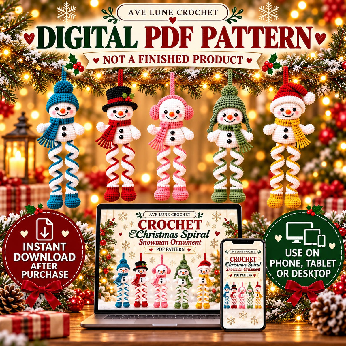 Christmas Spiral Snowman Crochet Pattern PDF – 5 Festive Ornament Designs
