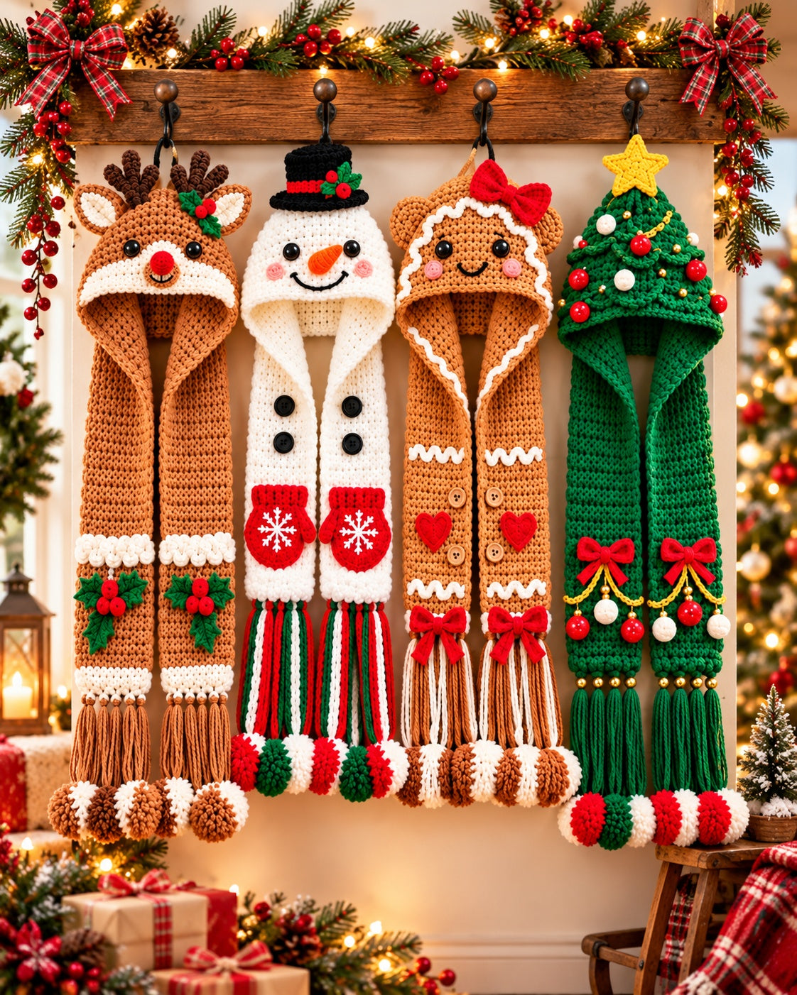 Christmas Hooded Scarf Crochet Pattern PDF – 4 Designs | Ave Lune Crochet