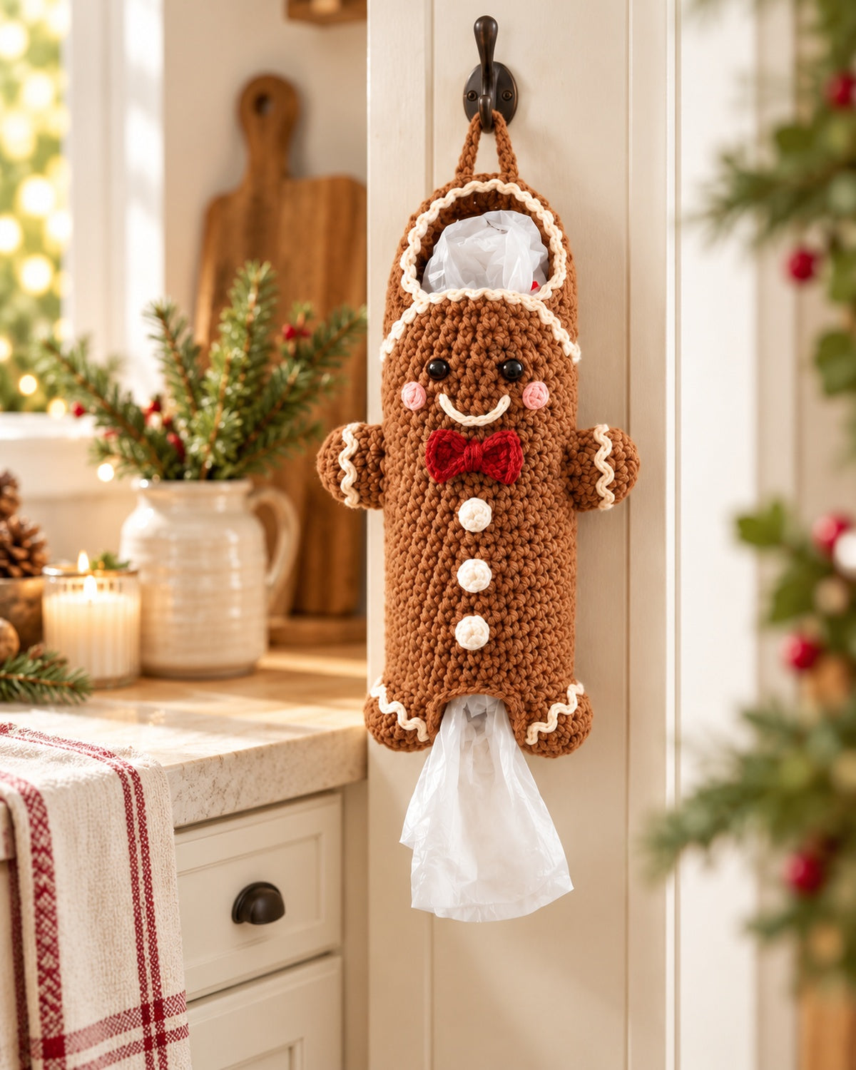 Gingerbread Man Bag Keeper Crochet Pattern PDF – Christmas Plastic Bag Holder