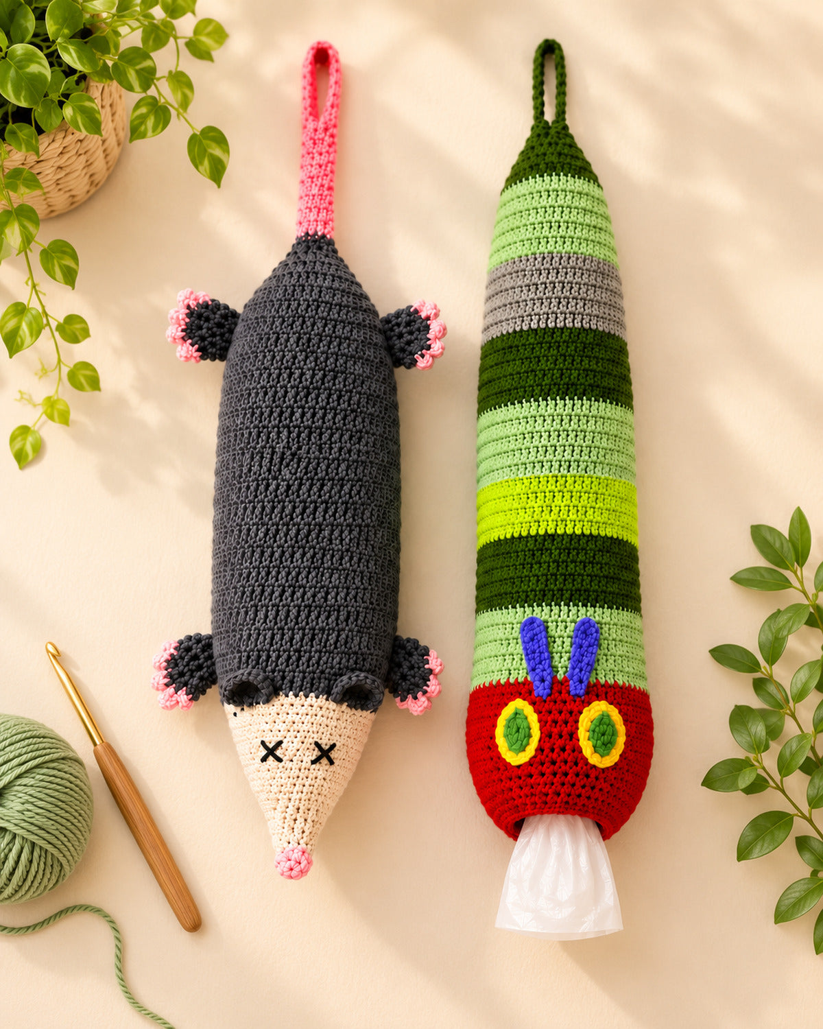 Opossum & Caterpillar Bag Holder Crochet Pattern PDF – 2-in-1 Bundle