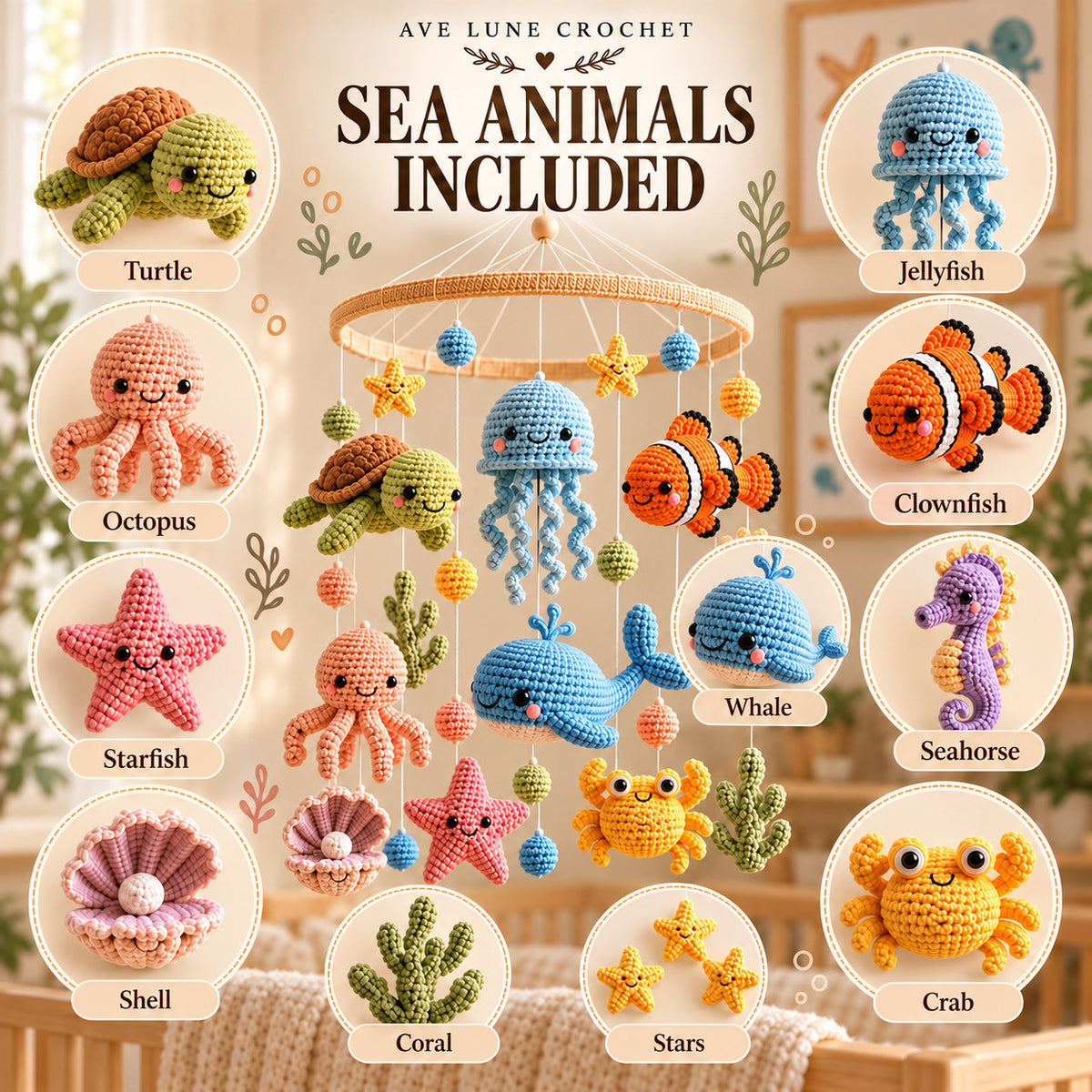Ocean Animals Baby Mobile Crochet Pattern PDF – Amigurumi Sea Animals & Nursery Decor