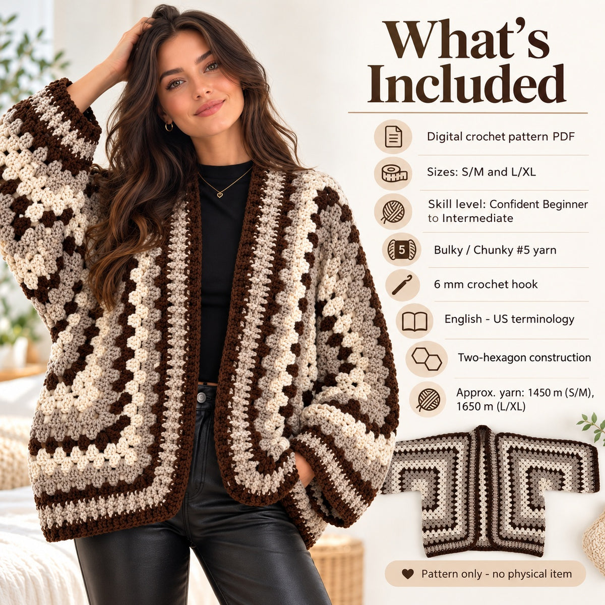 Granny Hexagon Cardigan Crochet Pattern PDF – Chunky Oversized Sweater