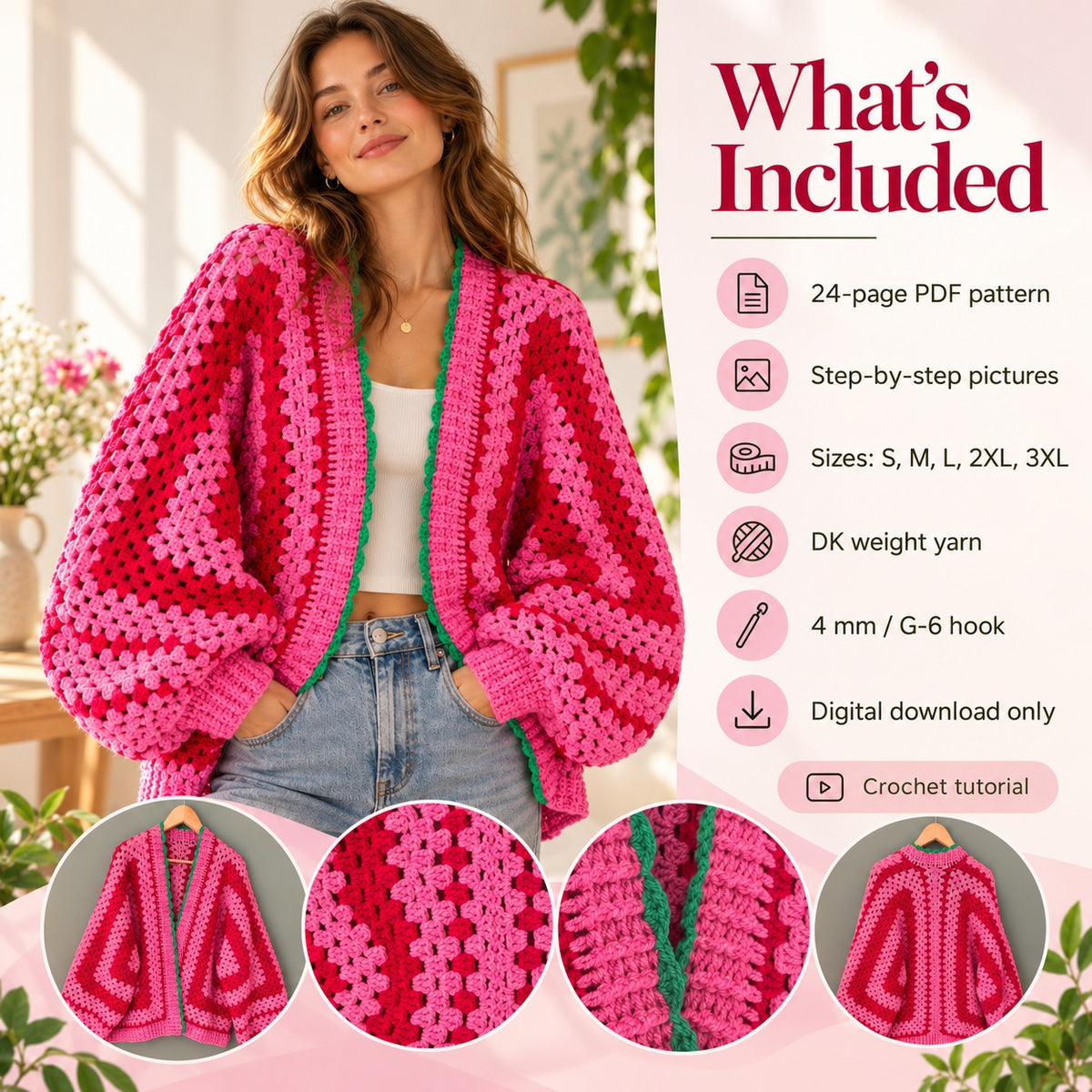 Marylebone Crochet Cardigan Pattern PDF – Pink Granny Style Sweater