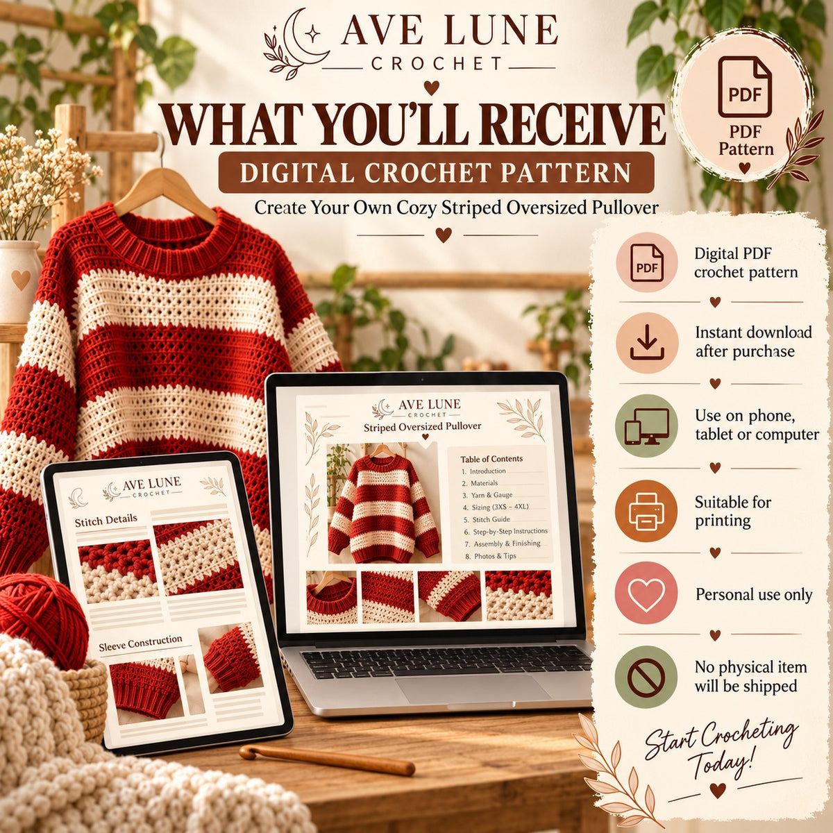 Oversized Striped Crochet Sweater Pattern PDF – Sizes 3XS–4XL Pullover
