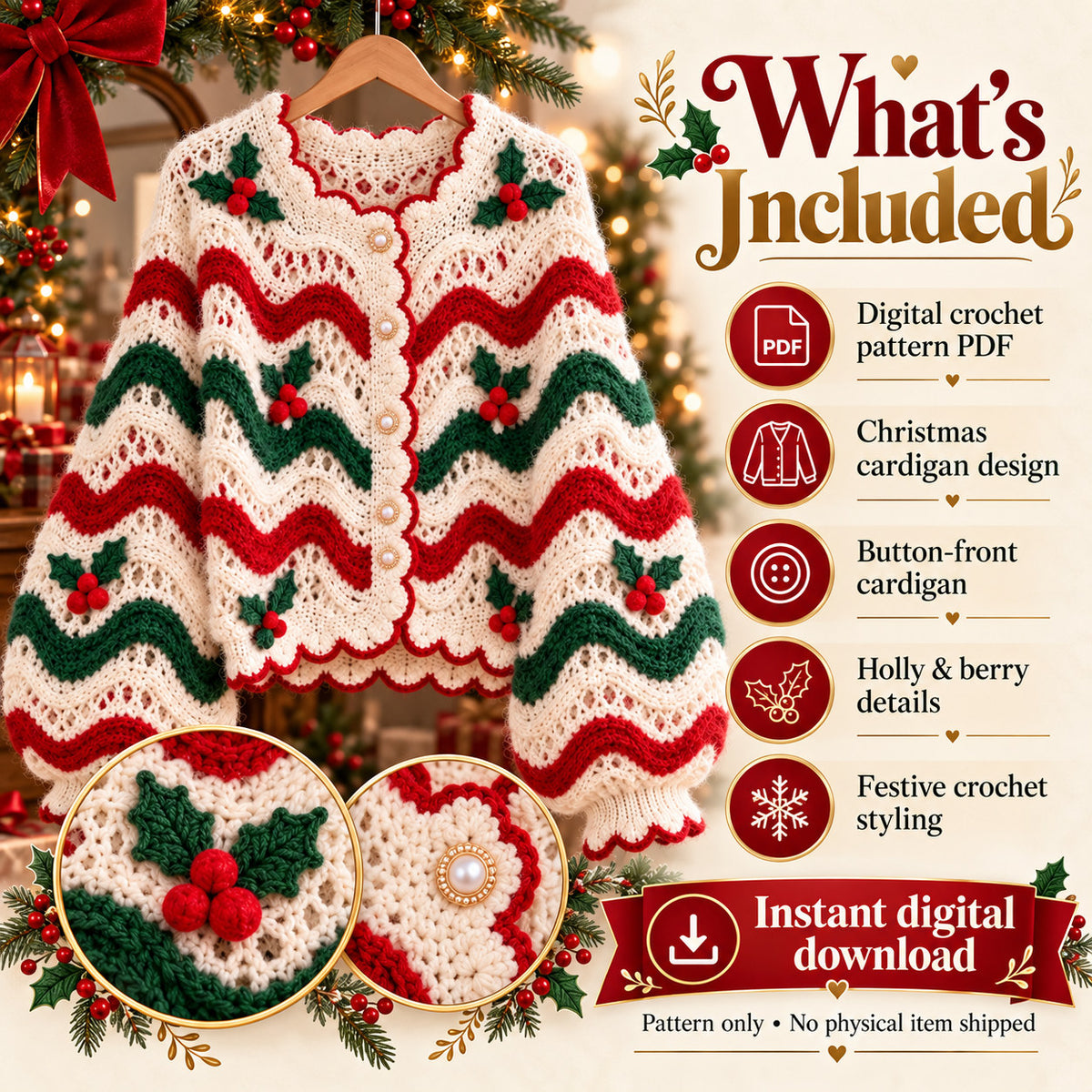 Christmas Holly Cardigan Crochet Pattern PDF – Festive Holiday Sweater for Adults