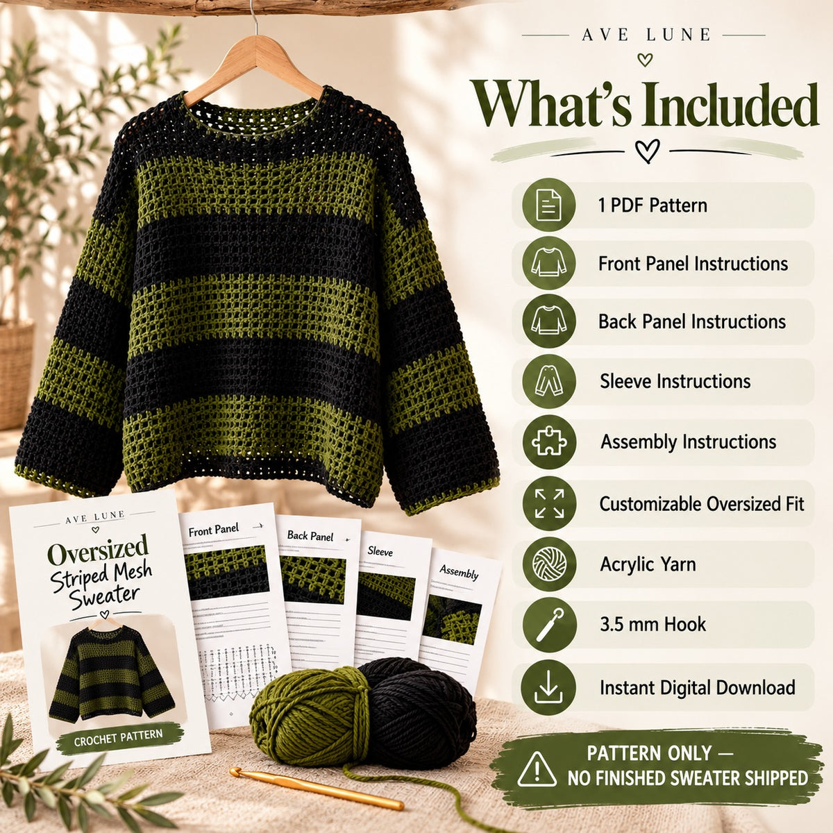 Oversized Striped Mesh Sweater Crochet Pattern PDF – Beginner Friendly Pullover