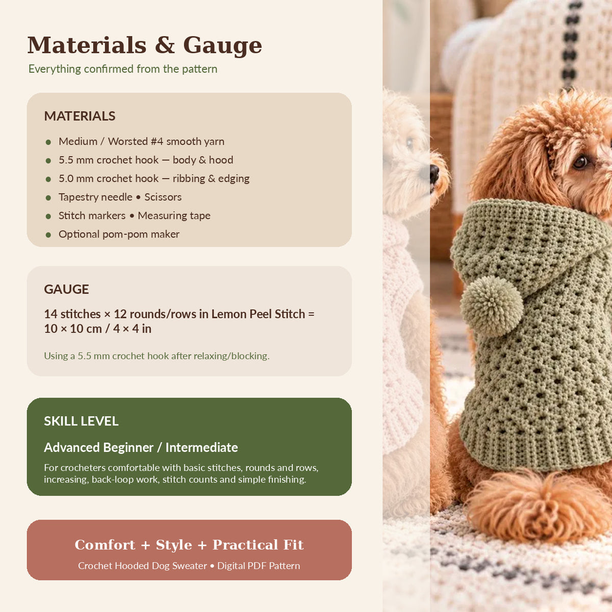 Crochet Hooded Dog Sweater Pattern PDF, Dog Hoodie Crochet Pattern, Sizes XS–L, English German French