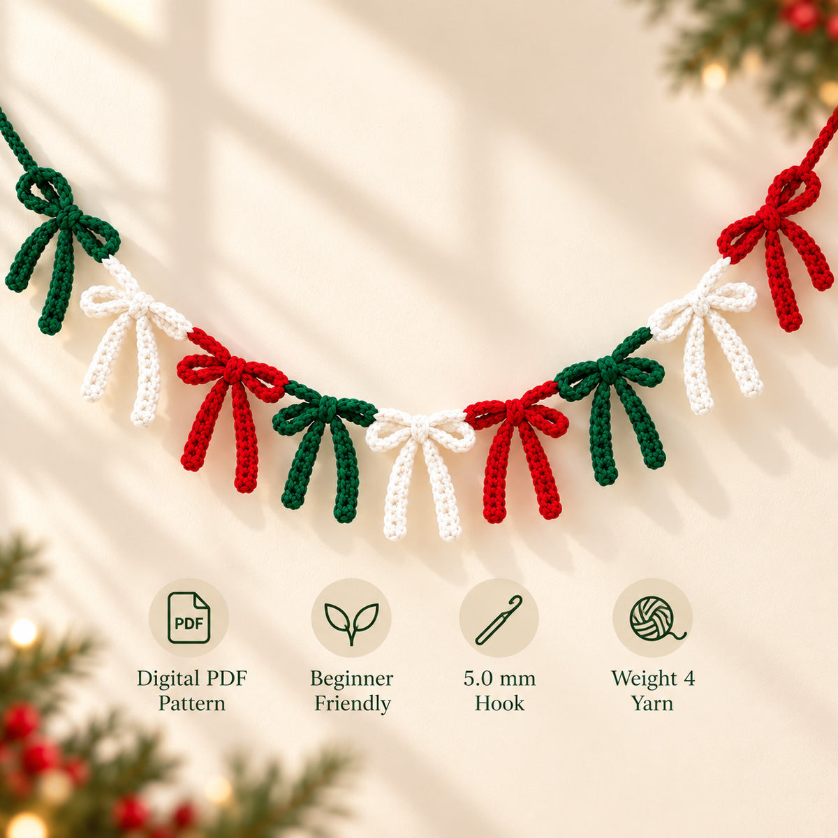 Crochet Christmas Bow Garland Pattern PDF
