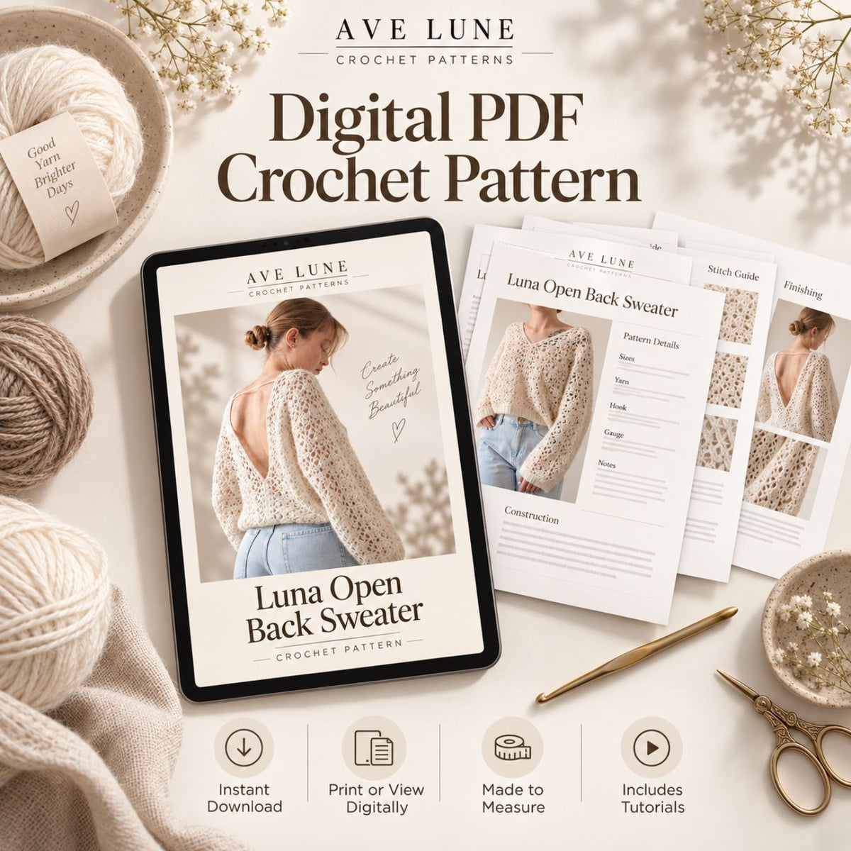 Luna Open Back Sweater Crochet Pattern PDF – Made-to-Measure Oversized Lace Sweater