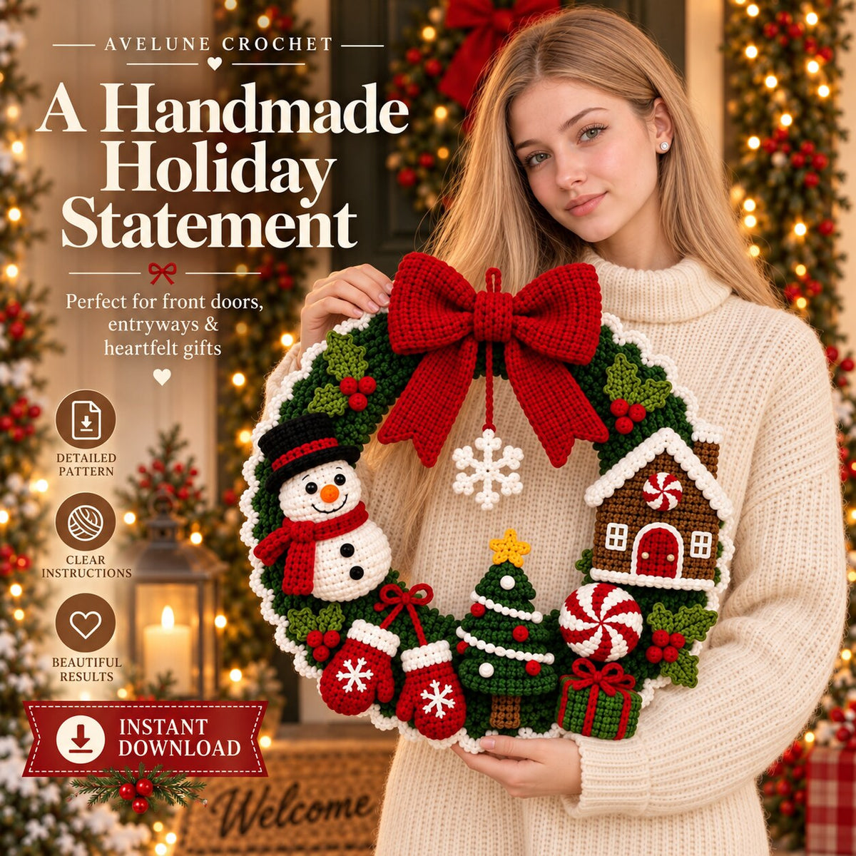 Christmas Crochet Wreath Pattern PDF – Festive Snowman, Gingerbread House & Holiday Door Decor