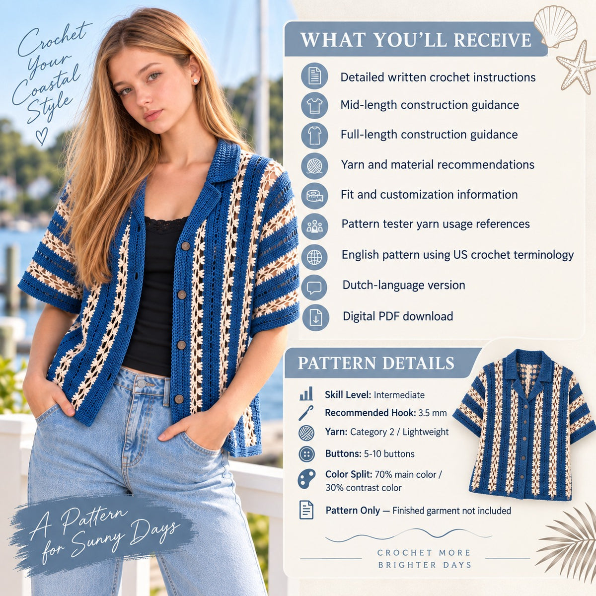 Pebble & Salt Crochet Button-Up Shirt Pattern PDF | Unisex Summer Top