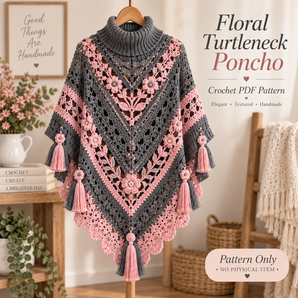Floral Crochet Poncho Pattern PDF, Turtleneck Flower Poncho with Tassels, Boho Crochet Garment Pattern