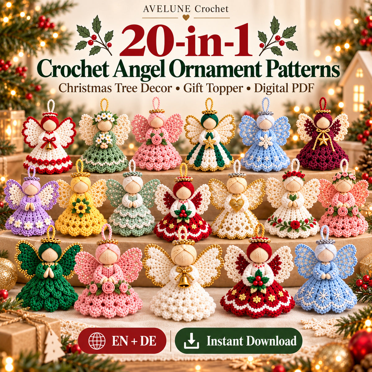 20-in-1 Crochet Angel Ornament Pattern PDF Bundle | Christmas Tree Decor & Gift Toppers