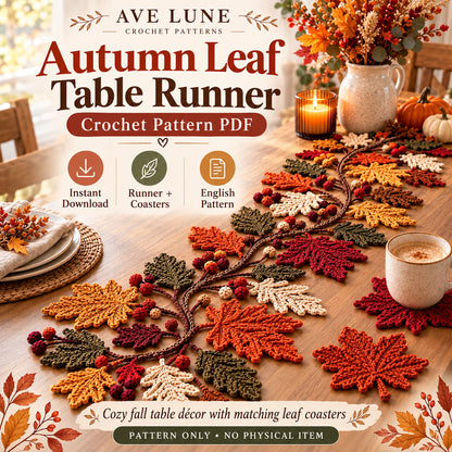 Autumn Leaf Table Runner & Coaster Crochet Pattern PDF – Fall Thanksgiving Table Decor