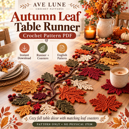 Autumn Leaf Table Runner & Coaster Crochet Pattern PDF – Fall Thanksgiving Table Decor