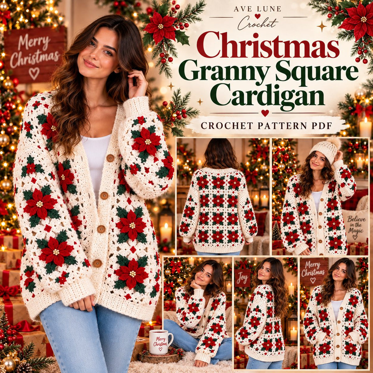Christmas Poinsettia Granny Square Cardigan Crochet Pattern PDF | Festive Holiday Sweater Pattern | Winter Crochet Cardigan
