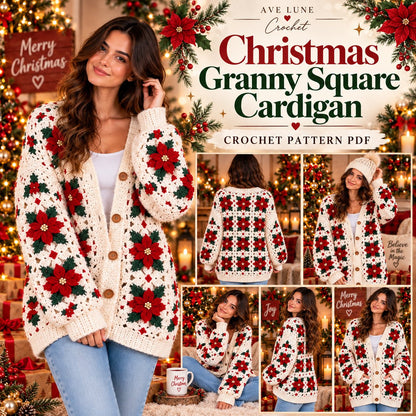 Christmas Poinsettia Granny Square Cardigan Crochet Pattern PDF | Festive Holiday Sweater Pattern | Winter Crochet Cardigan