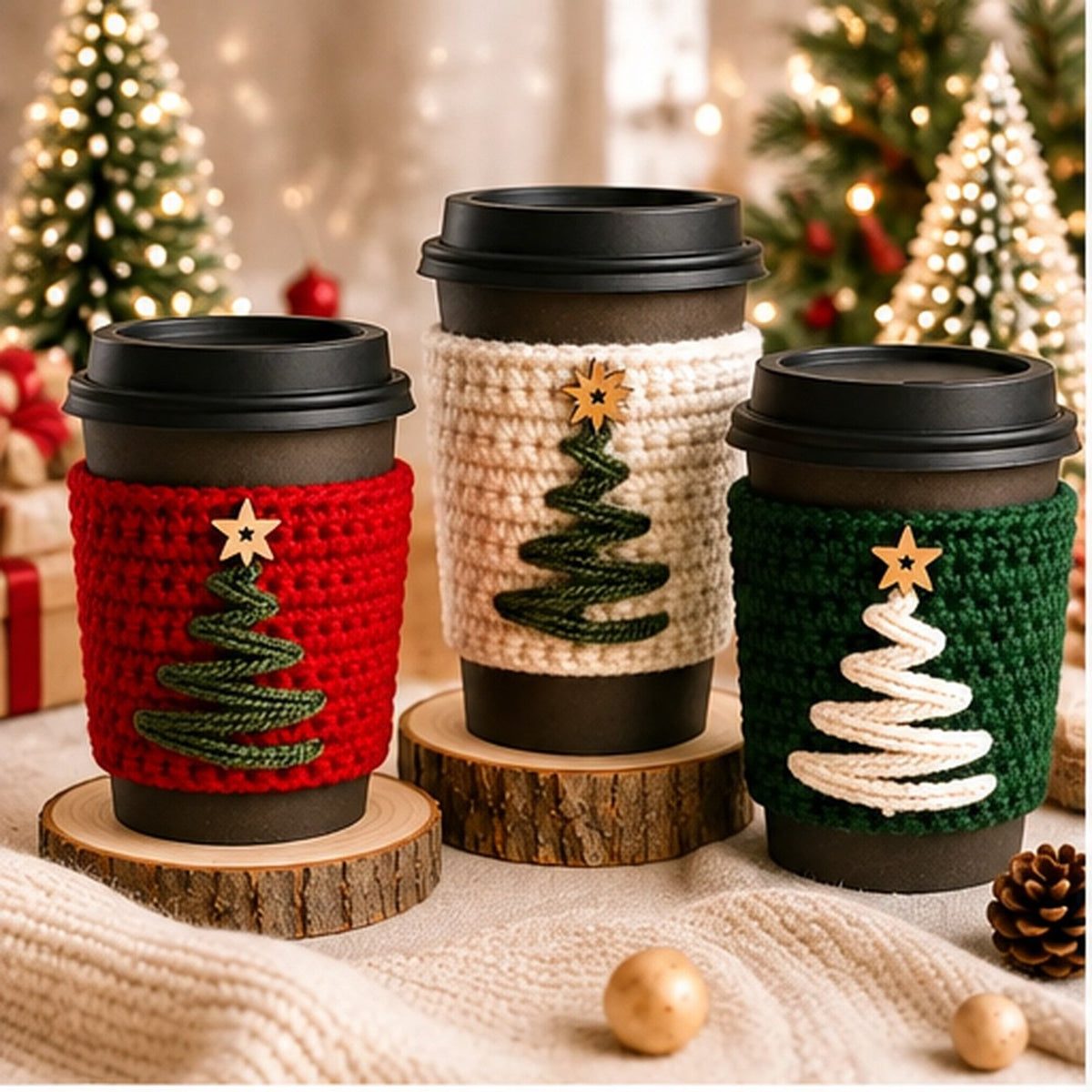 Christmas Mug Cozy Crochet Pattern PDF | Holiday Coffee Cup Sleeve | Christmas Tree Cup Cozy | 4 Languages