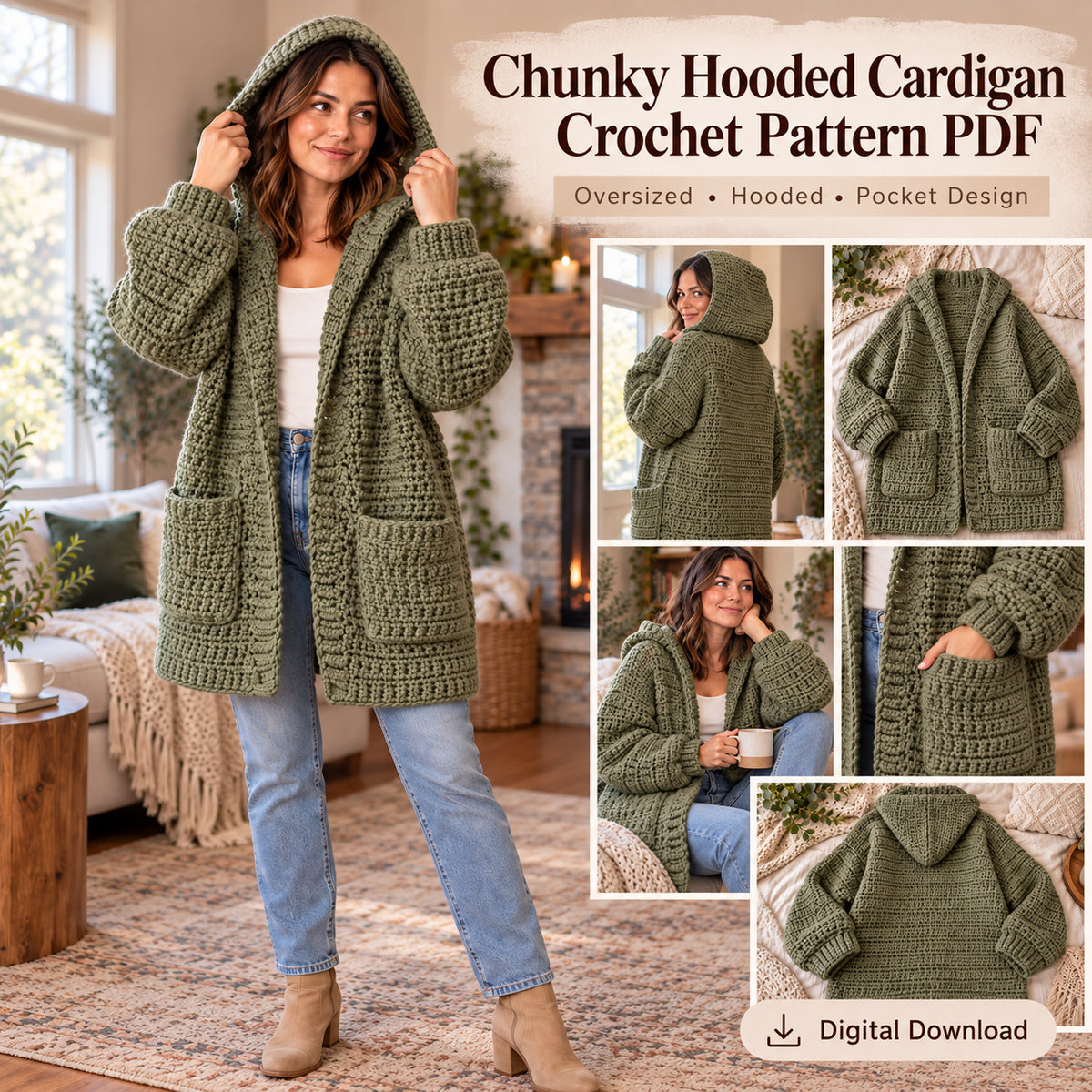 Chunky Hooded Cardigan Crochet Pattern PDF – Oversized Women’s Pocket Sweater