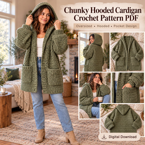 Chunky Hooded Cardigan Crochet Pattern PDF – Oversized Women’s Pocket Sweater