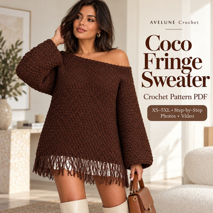 Coco Fringe Crochet Sweater Pattern PDF | Oversized Off-Shoulder Sweater XS–5XL