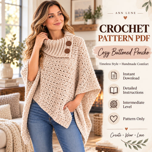 Cozy Buttoned Poncho Crochet Pattern PDF – Women’s Cowl Neck Crochet Poncho & Winter Wrap