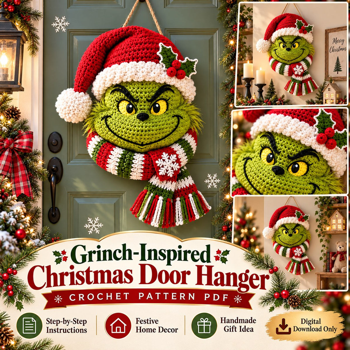 Green Christmas Character Door Hanger Crochet Pattern PDF | Festive Holiday Wall Decor | Christmas Crochet Pattern