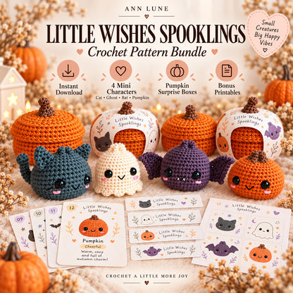 Little Wishes Spooklings Crochet Pattern Bundle PDF – Halloween Cat, Ghost, Bat & Pumpkin Amigurumi