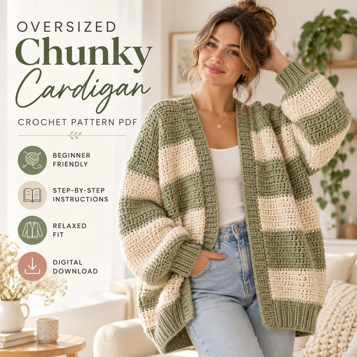 Oversized Chunky Cardigan Crochet Pattern PDF - Beginner Friendly Striped Sweater - Cozy Crochet Cardigan Pattern