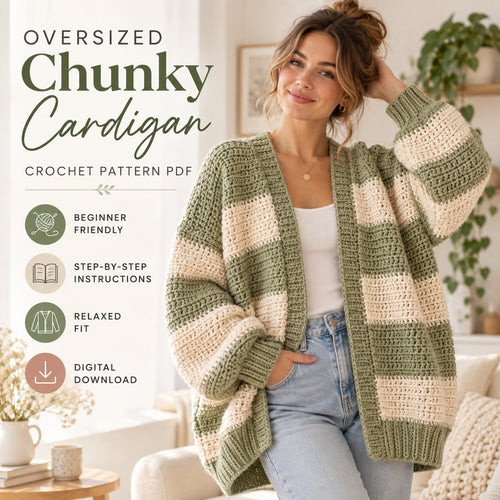 Oversized Chunky Cardigan Crochet Pattern PDF - Beginner Friendly Striped Sweater - Cozy Crochet Cardigan Pattern