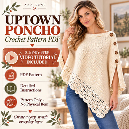 Uptown Poncho Crochet Pattern PDF – Easy Women’s Crochet Wrap with Button Detail & Lace Border