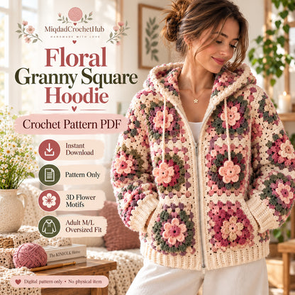Floral Granny Square Hoodie Crochet Pattern PDF | 3D Flower Zip-Up Cardigan