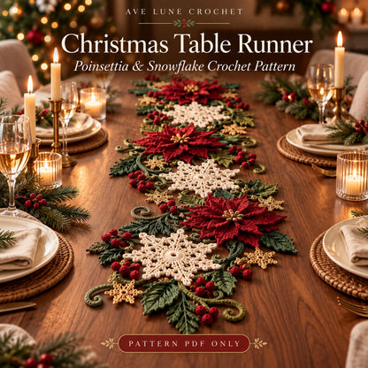 Christmas Table Runner Crochet Pattern PDF | 3D Poinsettia & Snowflake Holiday Table Decor