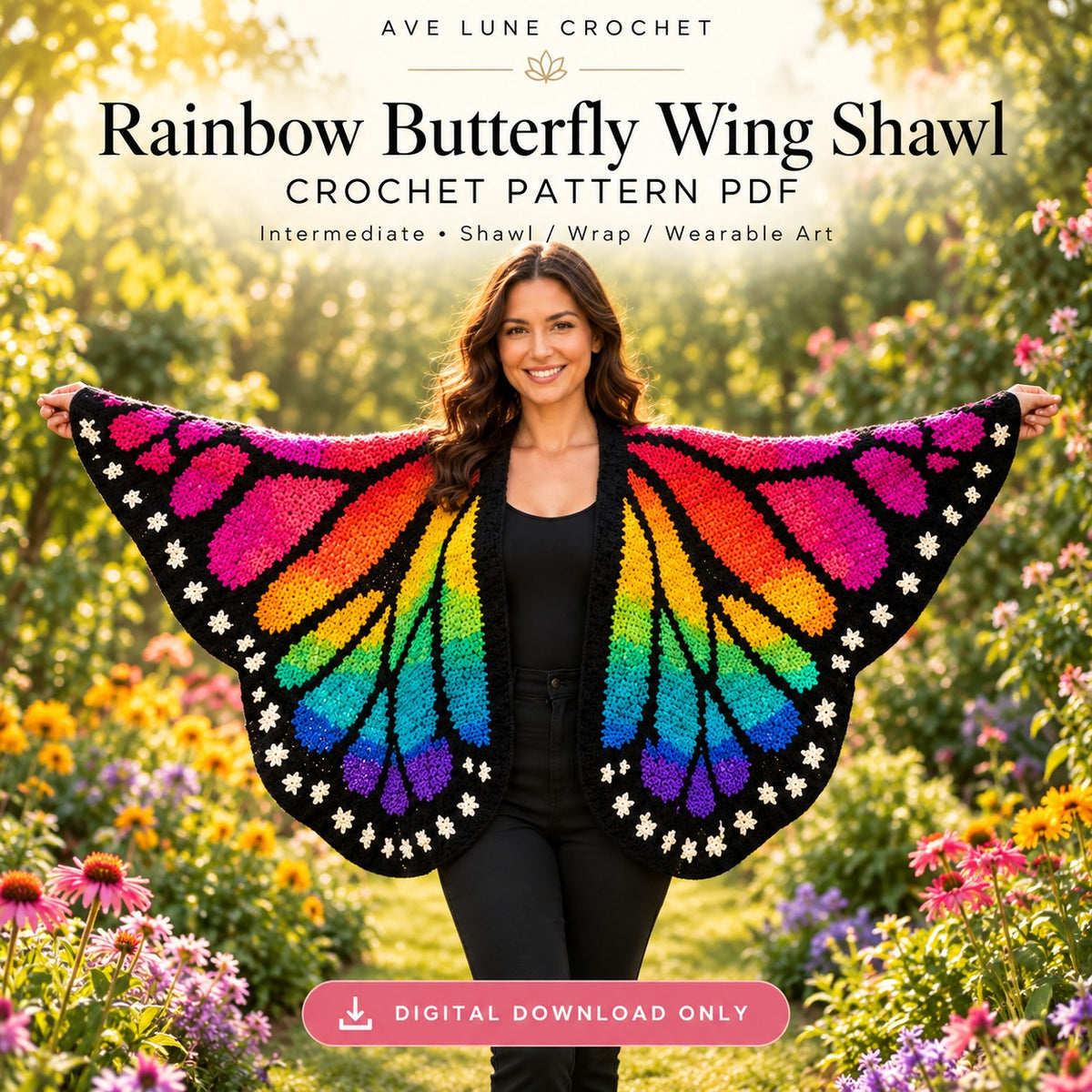 Rainbow Butterfly Wing Shawl Crochet Pattern PDF | Colorful Crochet Wrap