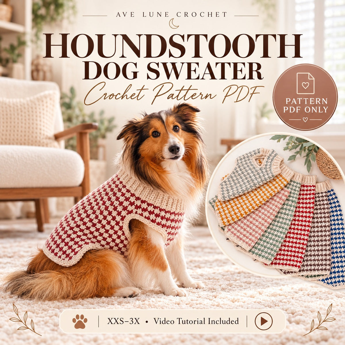 Houndstooth Dog Sweater Crochet Pattern PDF | XXS–3X Pet Sweater + Video Tutorial