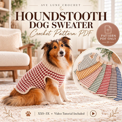 Houndstooth Dog Sweater Crochet Pattern PDF | XXS–3X Pet Sweater + Video Tutorial