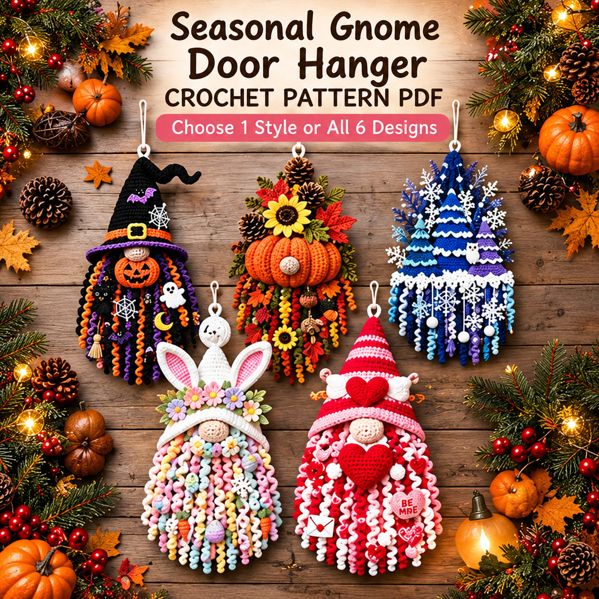 Seasonal Gnome Door Hanger Crochet Pattern PDF | Choose 1 Style or All 6 Holiday Designs