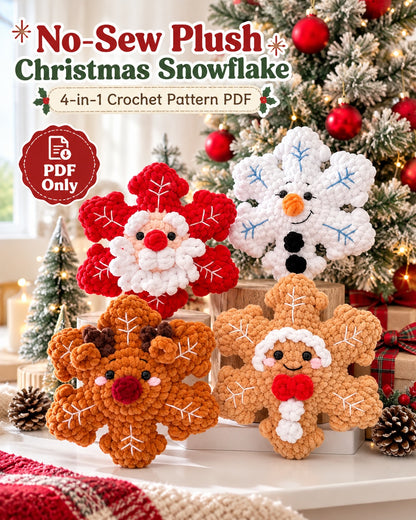 4-in-1 No-Sew Plush Christmas Snowflake Crochet Pattern PDF | Santa, Reindeer, Snowman & Gingerbread