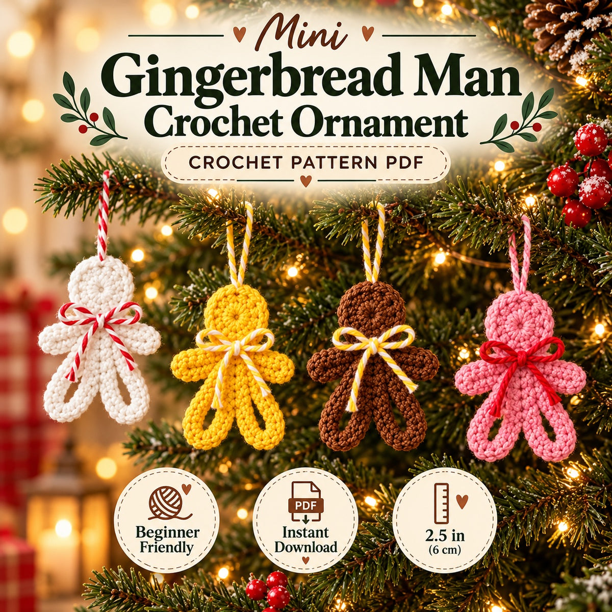 Mini Gingerbread Man Crochet Ornament Pattern PDF – Easy Christmas Tree Decoration & Gift Topper