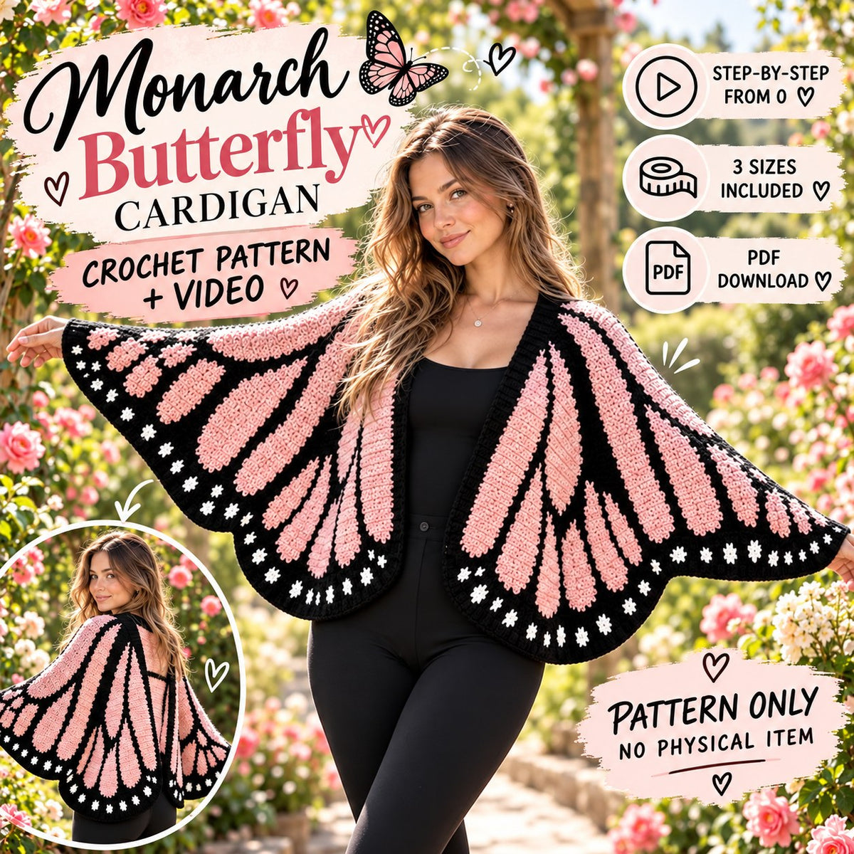 Monarch Butterfly Crochet Cardigan Pattern + Video Tutorial | Butterfly Wing Cardigan PDF | Tapestry Crochet Pattern