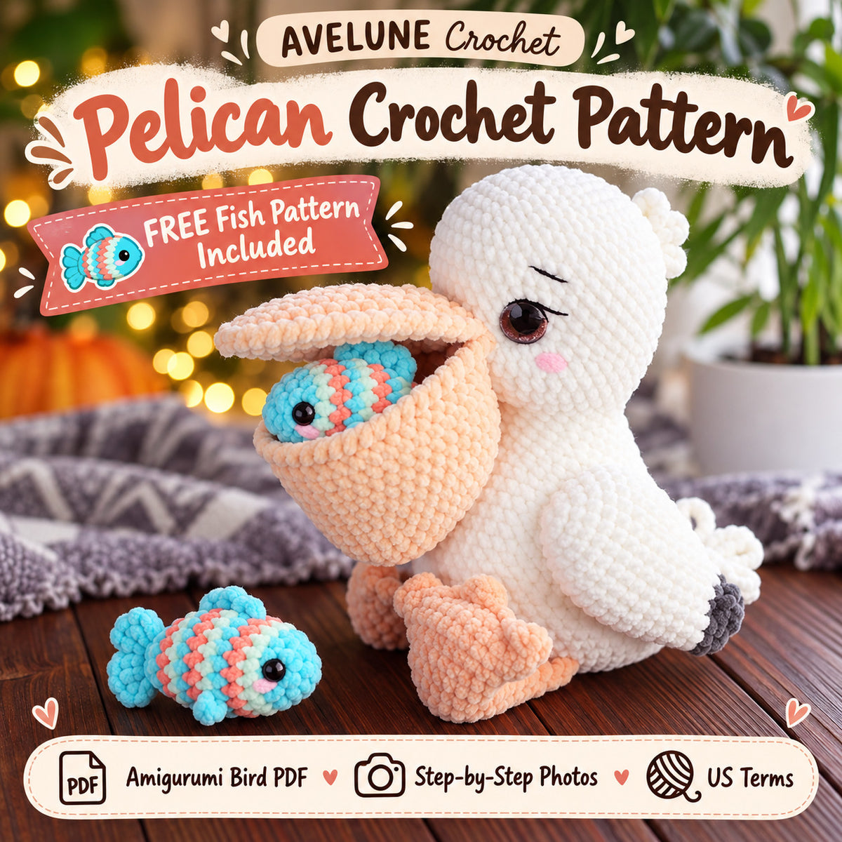 Pelican Crochet Pattern PDF with FREE Fish Pattern | Cute Plush Bird Amigurumi