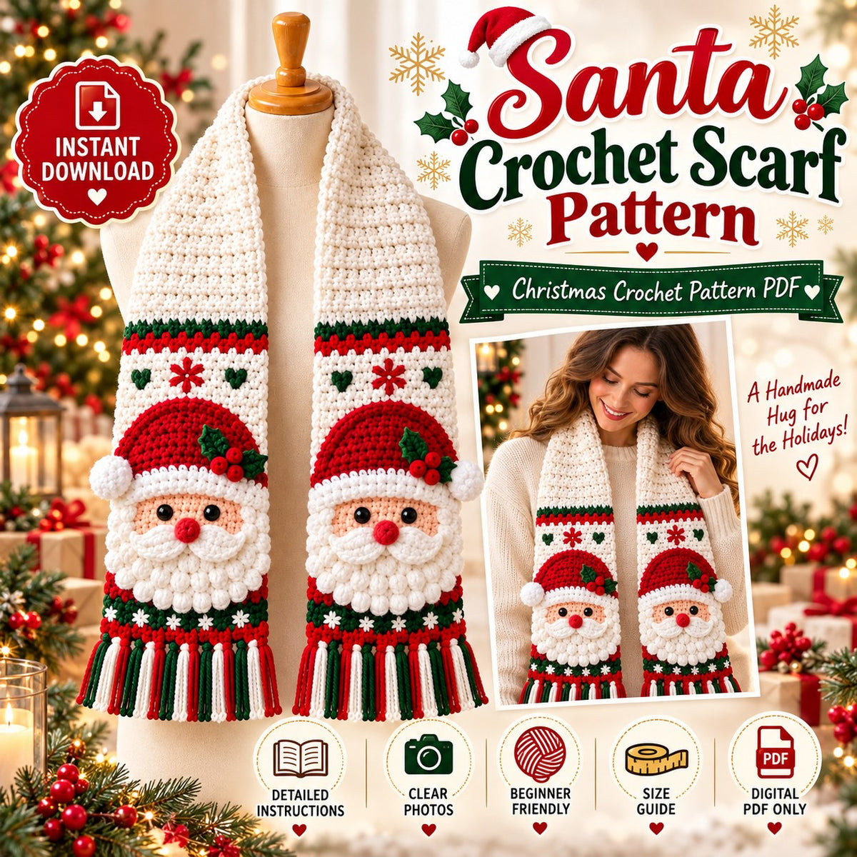 Santa Crochet Scarf Pattern PDF | Christmas Holiday Scarf Pattern